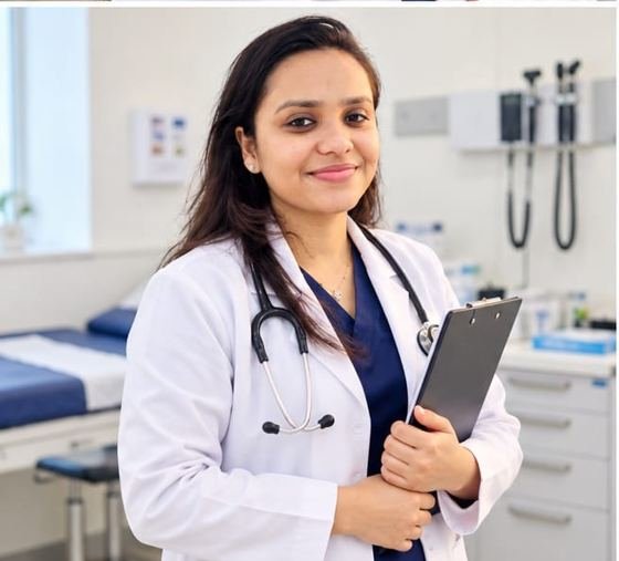Dr. Bhawana with a clipboard in a modern clinic